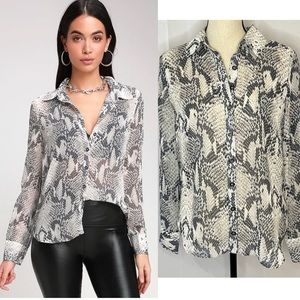 Lulus Snake it Off Grey Snake Print Sheer Button-Up Top